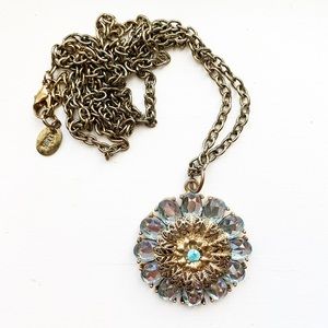 Long boho brassy gold & blue gem pendant necklace
